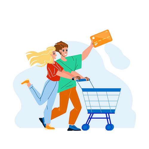 Couple With Credit Card Shopping In Market Vector. Man And Woman With Bank Credit Card Shopping In Store With Supermarket Cart. Characters Shopaholic Making Purchases Flat Cartoon Illustration