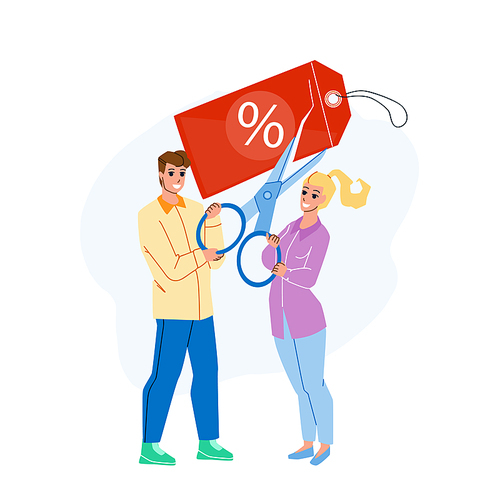 Cut Price Seasonal Special Offer In Store Vector. Woman Holding Tag And Man Cut Price Label With Scissors Accessory. Characters Cutting Rate And Sale Discount Flat Cartoon Illustration