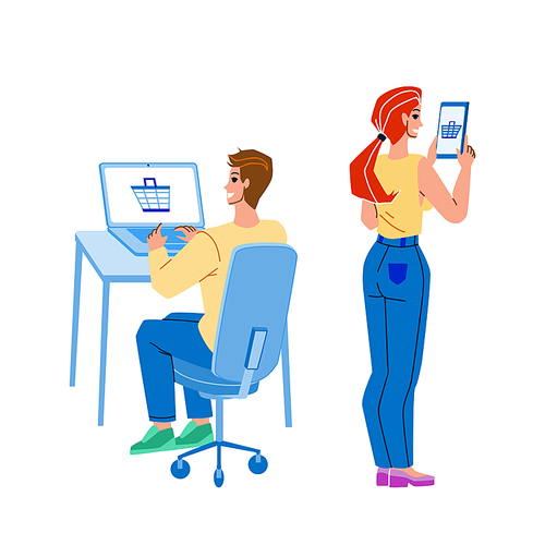 E-shopping Purchasing Man And Woman Couple Vector. Young Boy And Girl Using Smartphone And Laptop Application For E-shopping And Ordering Online. Characters Flat Cartoon Illustration