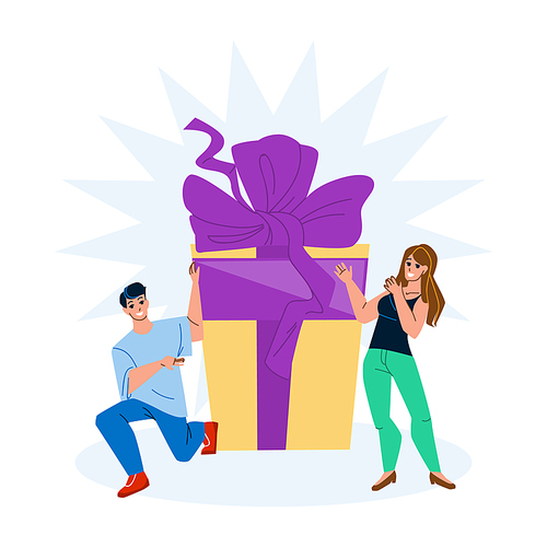 Gift Offer Young Man For Woman On Birthday Vector. Boyfriend Gift Offer Girlfriend On Anniversary Or Xmas Event Holiday. Characters With Present Box Decorated Ribbon And Bow Flat Cartoon Illustration