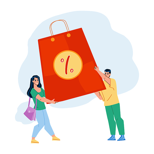 Mega Sale With Special Offers At Products Vector. Man And Woman Customers Holding Bag With Goods At Mega Sale Season Discount. Characters Shopaholic In Store Flat Cartoon Illustration