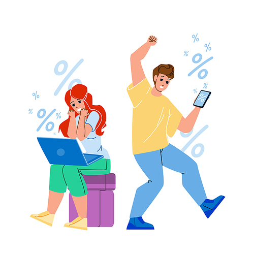 Online Discount Offer In Internet Store Vector. Happy Man And Woman Customers Celebrating Seasonal Online Discount. Characters Purchasing On Mobile Phone Or Laptop Flat Cartoon Illustration