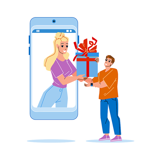 Online Gift Send Girl For Boy On Smartphone Vector. Young Woman Sending Online Gift In Mobile Phone Application For Man Birthday Or Christmas Event. Characters Flat Cartoon Illustration