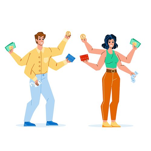 Payment Options For Buying Goods In Shop Vector. Man And Woman Holding Credit Card And Money Cash, Paying Check And Cryptocurrency Coin, Payment Options For Pay. Characters Flat Cartoon Illustration