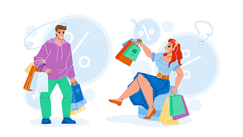 Shopping Offer And Discount For Clients Vector. Young Man And Woman Customers Making Purchases With Special Shopping Offer. Characters Store Seasonal Sales Flat Cartoon Illustration