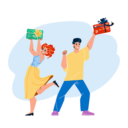 Shopping Reward Getting Couple Customers Vector. Young Man And Woman Clients Holding Shopping Reward Card Gift Decorated Celebrative Ribbon With Bow. Characters Shop Award Flat Cartoon Illustration