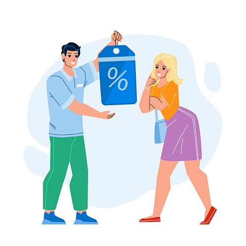 Special Offer Offering Salesman For Client Vector. Man Manager Proposing Special Offer For Fashion Clothes For Woman Customer. Characters Seasonal Discount Flat Cartoon Illustration