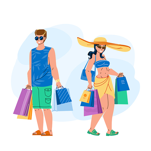 Summer Sale Discount Shopping Customers Vector. Stylish Man And Woman Making Purchases In Clothes Store Seasonal Summer Sale. Characters Shopaholic Couple Flat Cartoon Illustration