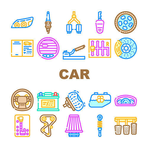 Car Vehicle Details Collection Icons Set Vector. Car Headlight And Airbag, Manual And Automatic Transmission, Filter And Exhaust, Wheel And Battery Concept Linear Pictograms. Contour Illustrations