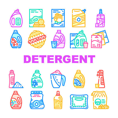 Detergent Washing Collection Icons Set Vector. Detergent Pods And Liquid, Laundry Ball And Pills, Organic Soap And Powder Bag Package Concept Linear Pictograms. Contour Illustrations