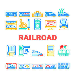 Railroad Transport Collection Icons Set Vector. Train Wagon Restaurant And Carriage, Hyperloop And Maglev, Railroad Limiter And Railway Station Concept Linear Pictograms. Contour Illustrations