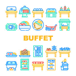Buffet Food And Drinks Collection Icons Set Vector. Buffet Showcase With Cakes Dessert And Delicious Meal, Water And Punch, Dishware Spoon And Fork Concept Linear Pictograms. Contour Illustrations