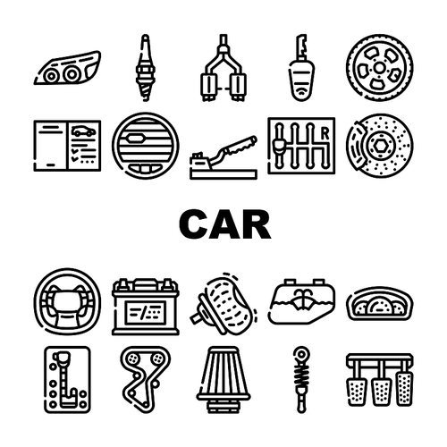 Car Vehicle Details Collection Icons Set Vector. Car Headlight And Airbag, Manual And Automatic Transmission, Filter And Exhaust, Wheel And Battery Black Contour Illustrations