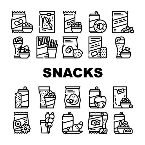 Snacks Food And Drink Collection Icons Set Vector. Dried Bananas And Caramel Fruits, Coconut Chips And Nuts, Donuts And Oatmeal Cookies Snacks Black Contour Illustrations