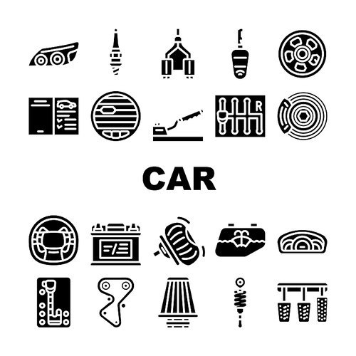 Car Vehicle Details Collection Icons Set Vector. Car Headlight And Airbag, Manual And Automatic Transmission, Filter And Exhaust, Wheel And Battery Glyph Pictograms Black Illustrations