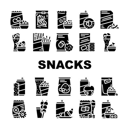 Snacks Food And Drink Collection Icons Set Vector. Dried Bananas And Caramel Fruits, Coconut Chips And Nuts, Donuts And Oatmeal Cookies Snacks Glyph Pictograms Black Illustrations