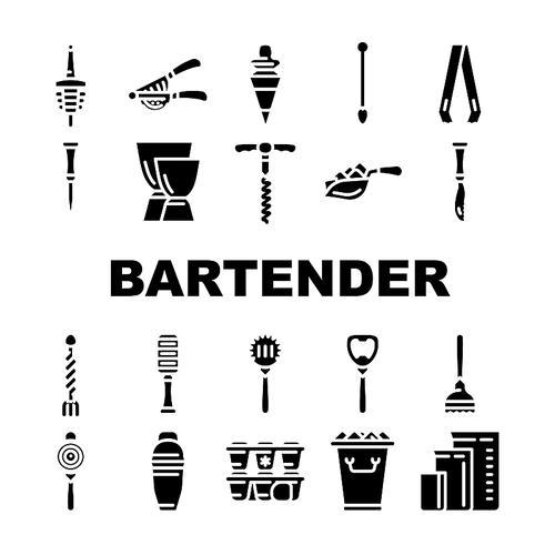 Bartender Accessory Collection Icons Set Vector. Bar Spoon And Grater, Juicer And Ice Breaker, Cocktail Shaker And Jiggers Bartender Tools Glyph Pictograms Black Illustrations