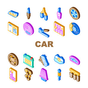 Car Vehicle Details Collection Icons Set Vector. Car Headlight And Airbag, Manual And Automatic Transmission, Filter And Exhaust, Wheel And Battery Isometric Sign Color Illustrations