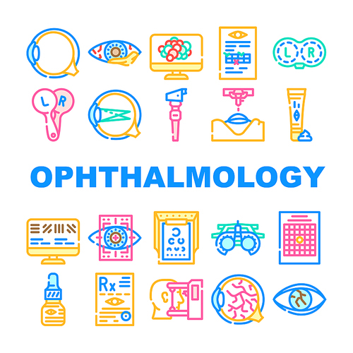 Ophthalmology Eye Disease Treat Icons Set Vector. Amsler Table And Retinoscope, Lasser Correction And Trial Frame Medicine Ophthalmology Hospital Equipment Line. Color Illustrations