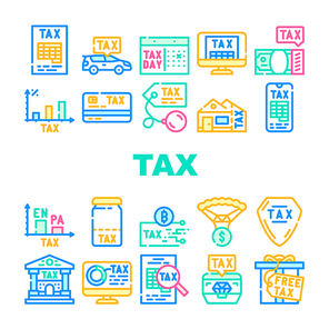 Tax Financial Payment For Income Icons Set Vector. Cryptocurrency And Real Estate House Tax, Gift And Every Dollar, Infographic And Online Pay, Jewelry And Car Line. Color Illustrations