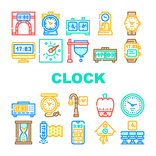 Clock And Watch Time Equipment Icons Set Vector. Floor Antique Clock And Digital Hand Gadget, Chess Game Tool And Gps Device, Sandy And Sundial, Mechanical And Electronic Line. Color Illustrations