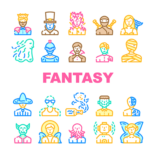 Fantasy And Magical Character Icons Set Vector. Zombie And Ghost, Angel And King, Burning And And Frankeinstein, Mummy And Vampire, Fairy And Steampunk Character Line. Color Illustrations