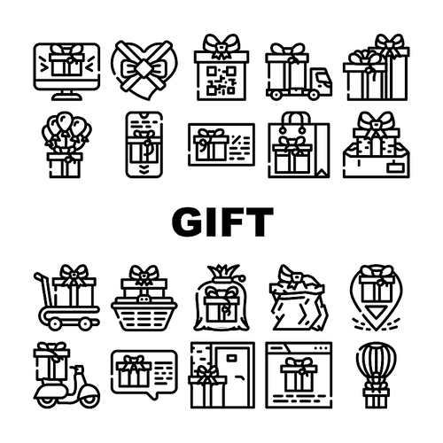 Gift Package Surprise On Holiday Icons Set Vector. Gift Box And Container Packaging, Delivery Service And Carrying, Online Purchase And Discount Coupon Present Contour Illustrations