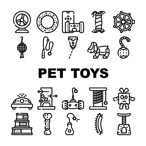 Pet Toys For Enjoyment Animal Icons Set Vector. Hamster Wheel And Inflatable Couch For Dog, Interactive Digital Pet Toys And Electronic Laser Gadget For Playing Contour Illustrations