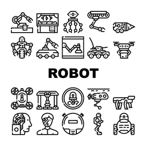 Robot Future Electronic Equipment Icons Set Vector. Military And Underwater Robot, Vacuum Cleaner And Cyborg, Nanorobot And Drone, Robotic Arm Doing Surgery Operation Contour Illustrations