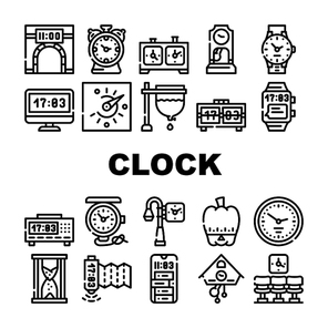 Clock And Watch Time Equipment Icons Set Vector. Floor Antique Clock And Digital Hand Gadget, Chess Game Tool And Gps Device, Sandy And Sundial, Mechanical And Electronic Contour Illustrations