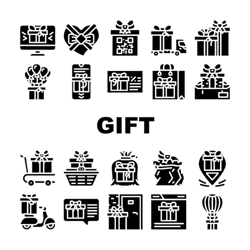 Gift Package Surprise On Holiday Icons Set Vector. Gift Box And Container Packaging, Delivery Service And Carrying, Online Purchase And Discount Coupon Present Glyph Pictograms Black Illustrations