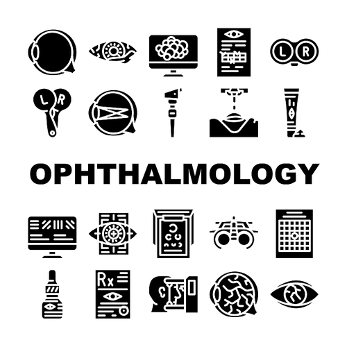 Ophthalmology Eye Disease Treat Icons Set Vector. Amsler Table And Retinoscope, Lasser Correction And Trial Frame Medicine Ophthalmology Hospital Equipment Glyph Pictograms Black Illustrations