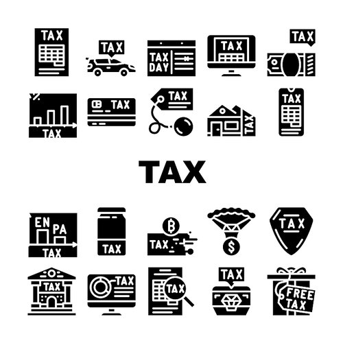 Tax Financial Payment For Income Icons Set Vector. Cryptocurrency And Real Estate House Tax, Gift And Every Dollar, Infographic And Online Pay, Jewelry And Car Glyph Pictograms Black Illustrations
