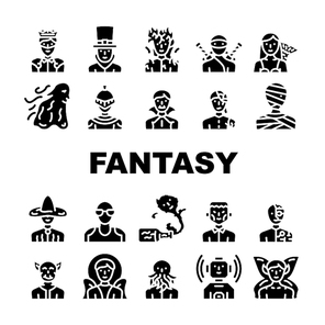 Fantasy And Magical Character Icons Set Vector. Zombie And Ghost, Angel And King, Burning And And Frankeinstein, Mummy And Vampire, Fairy And Steampunk Character Glyph Pictograms Black Illustrations