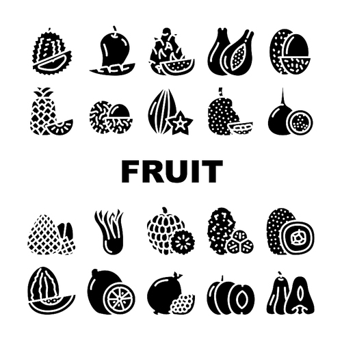 Tropical Fruit Delicious Food Icons Set Vector. Mango And Durian, Papayas And Lychee, Pineapple And Custard Apple, Pomegranate And Kiwi Exotic Fruit. Nutrition Glyph Pictograms Black Illustrations