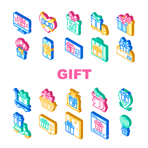 Gift Package Surprise On Holiday Icons Set Vector. Gift Box And Container Packaging, Delivery Service And Carrying, Online Purchase And Discount Coupon Present Isometric Sign Color Illustrations
