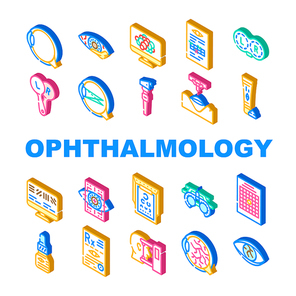 Ophthalmology Eye Disease Treat Icons Set Vector. Amsler Table And Retinoscope, Lasser Correction And Trial Frame Medicine Ophthalmology Hospital Equipment Isometric Sign Color Illustrations