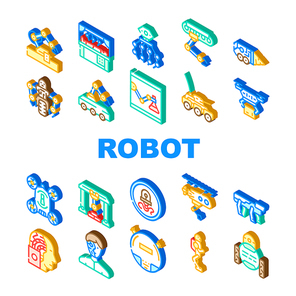 Robot Future Electronic Equipment Icons Set Vector. Military And Underwater Robot, Vacuum Cleaner And Cyborg, Nanorobot Drone, Robotic Arm Doing Surgery Operation Isometric Sign Color Illustrations