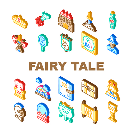 Fairy Tale Story Medieval Book Icons Set Vector. Castle And Knight Armour Equipment, Magician And Witch Fairy Tale Character, Magic Mirror And Glass Sphere, King Isometric Sign Color Illustrations