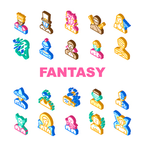 Fantasy And Magical Character Icons Set Vector. Zombie And Ghost, Angel And King, Burning And And Frankeinstein, Mummy And Vampire, Fairy And Steampunk Character Isometric Sign Color Illustrations