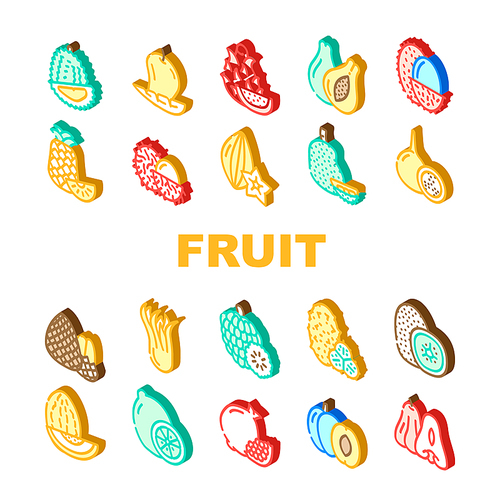 Tropical Fruit Delicious Food Icons Set Vector. Mango And Durian, Papayas And Lychee, Pineapple And Custard Apple, Pomegranate And Kiwi Exotic Fruit. Nutrition Isometric Sign Color Illustrations