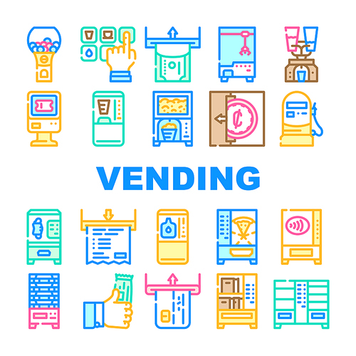 Vending Machine Sale Equipment Icons Set Vector. Coffee And Drink Vending Machine, Pop Corn And Candy Food Selling Electronics, Contactless Payment And Money Banknote Line. Color Illustrations