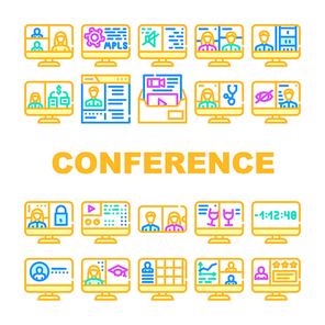 Video Conference Communication Icons Set Vector. Business Video Conference And Consultation With Doctor, Presentation And Remote Education Line. People Discussion Color Illustrations