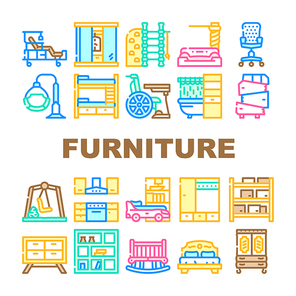 Furniture House Room Interior Icons Set Vector. Vintage And Modern Furniture, For Sport Exercising And Relaxation, Bedroom Bed And Office Chair, Warehouse Shelves And Medical Line. Color Illustrations