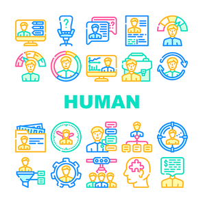 Human Resources Hr Department Icons Set Vector. Candidate Skills And Salary Money Talking, Cv Researching And Interview, Employee Search And Headhunting Human Resources Line. Color Illustrations