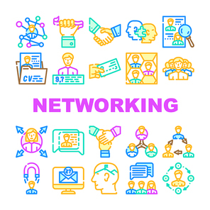 Networking Global Communication Icons Set Vector. People Networking Connection And Discussion, Cards Exchange And Direction Choice, Personal Rating And Team Work Line. Color Illustrations
