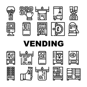 Vending Machine Sale Equipment Icons Set Vector. Coffee And Drink Vending Machine, Pop Corn And Candy Food Selling Electronics, Contactless Payment And Money Banknote Contour Illustrations
