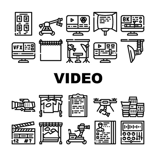 Video Production And Creation Icons Set Vector. Camera And Cart For Operator, Clapperboard And Teleprompter Video Production Equipment Contour Illustrations