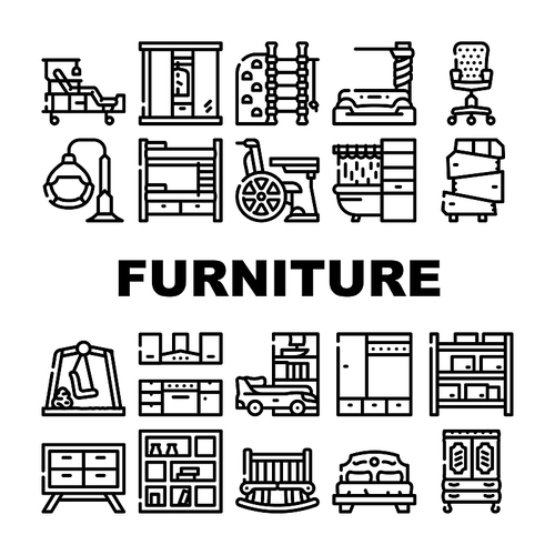 Furniture House Room Interior Icons Set Vector. Vintage And Modern Furniture, For Sport Exercising And Relaxation, Bedroom Bed And Office Chair, Warehouse Shelves And Medical Contour Illustrations