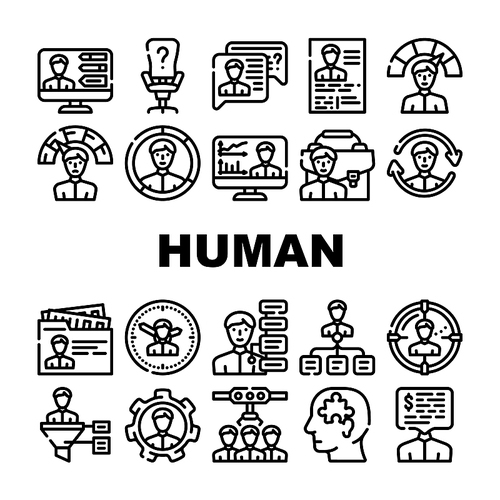 Human Resources Hr Department Icons Set Vector. Candidate Skills And Salary Money Talking, Cv Researching And Interview, Employee Search And Headhunting Human Resources Contour Illustrations